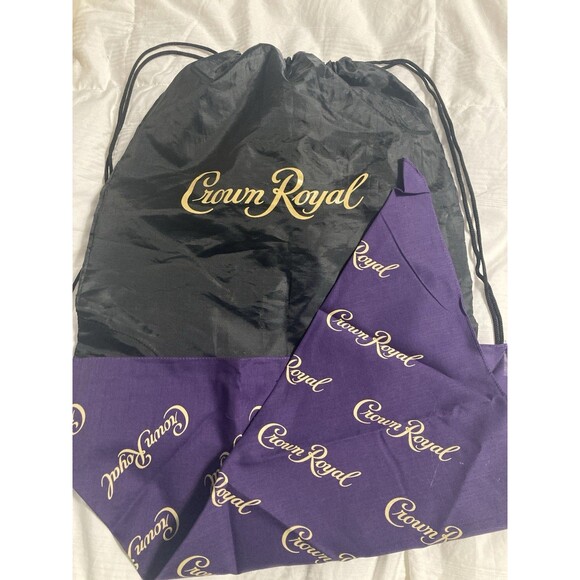 Crown Royal Drawstring Backpack Black Gold Zipper & Crown Royal Purple Bandana - Picture 1 of 9